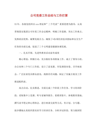 公司党委工作总结与工作打算