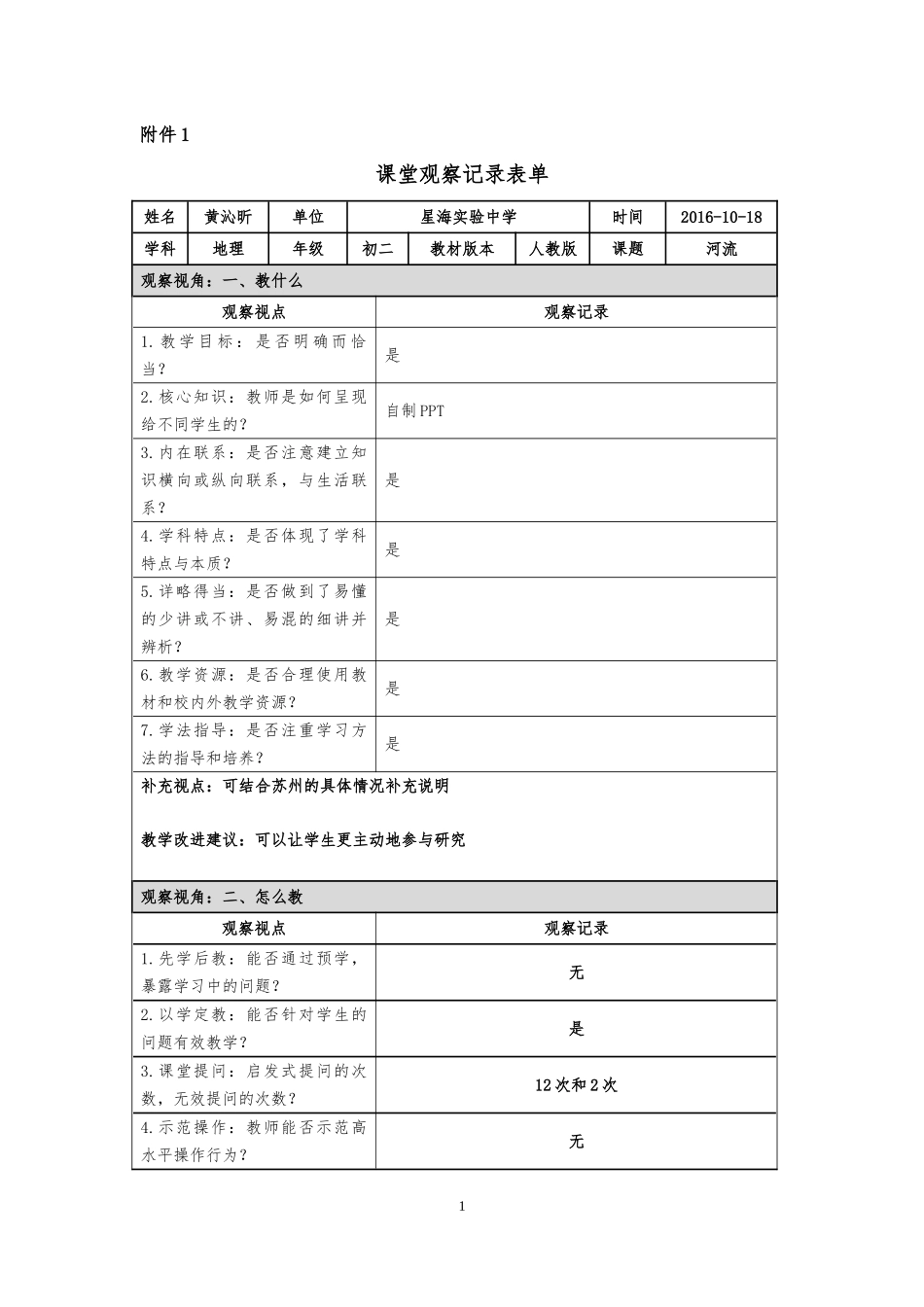 课堂观察记录模板(陆晓萍）_第1页