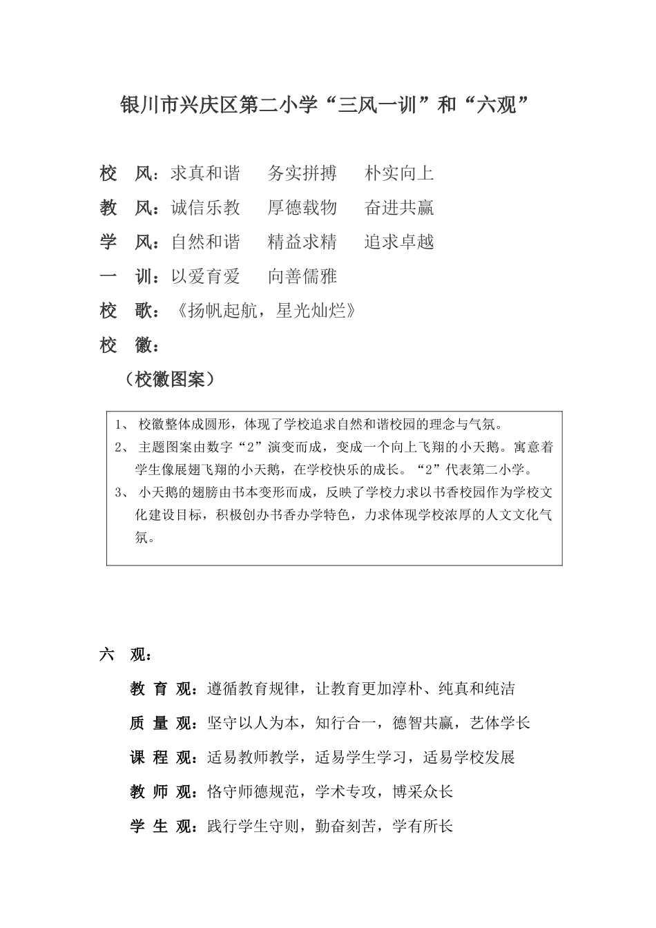 银川市兴庆区第二小学“三风一训”和“六观”_第1页