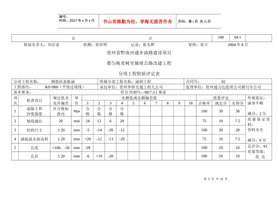 分项工程检测评定表(涵洞)_第2页