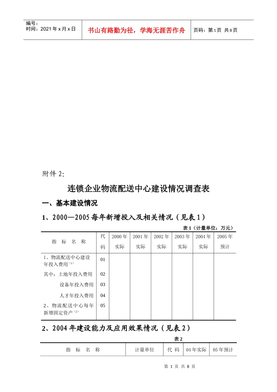 连锁企业物流配送中心建设情况调查表汇编_第1页