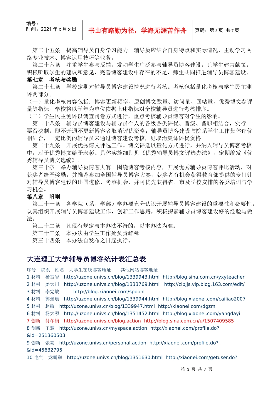 大连理工大学辅导员博客统计表汇总表_第3页