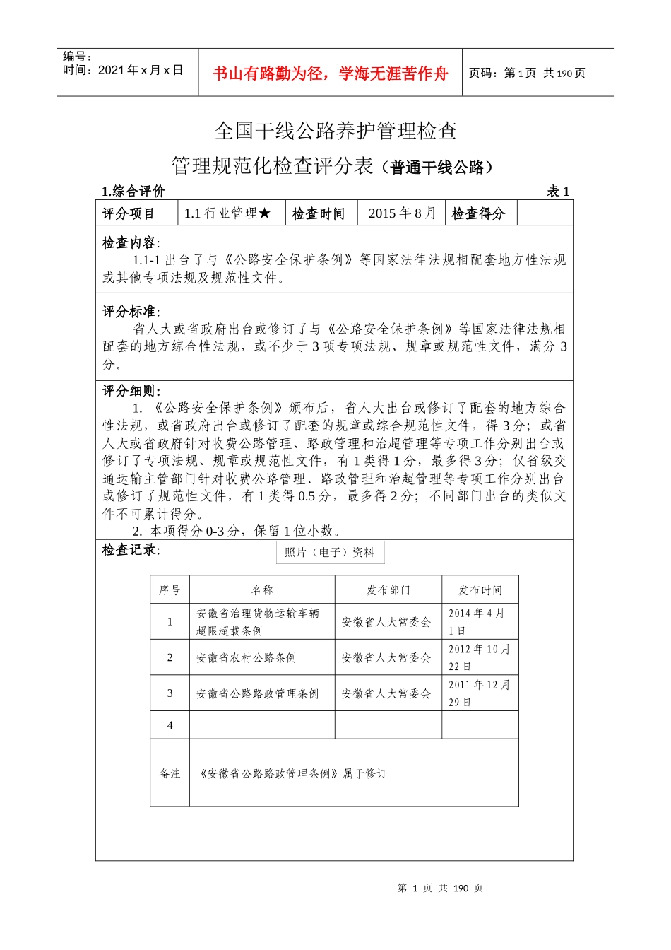 全国干线公路养护管理检查管理规范化检查评分表(普通干_第1页