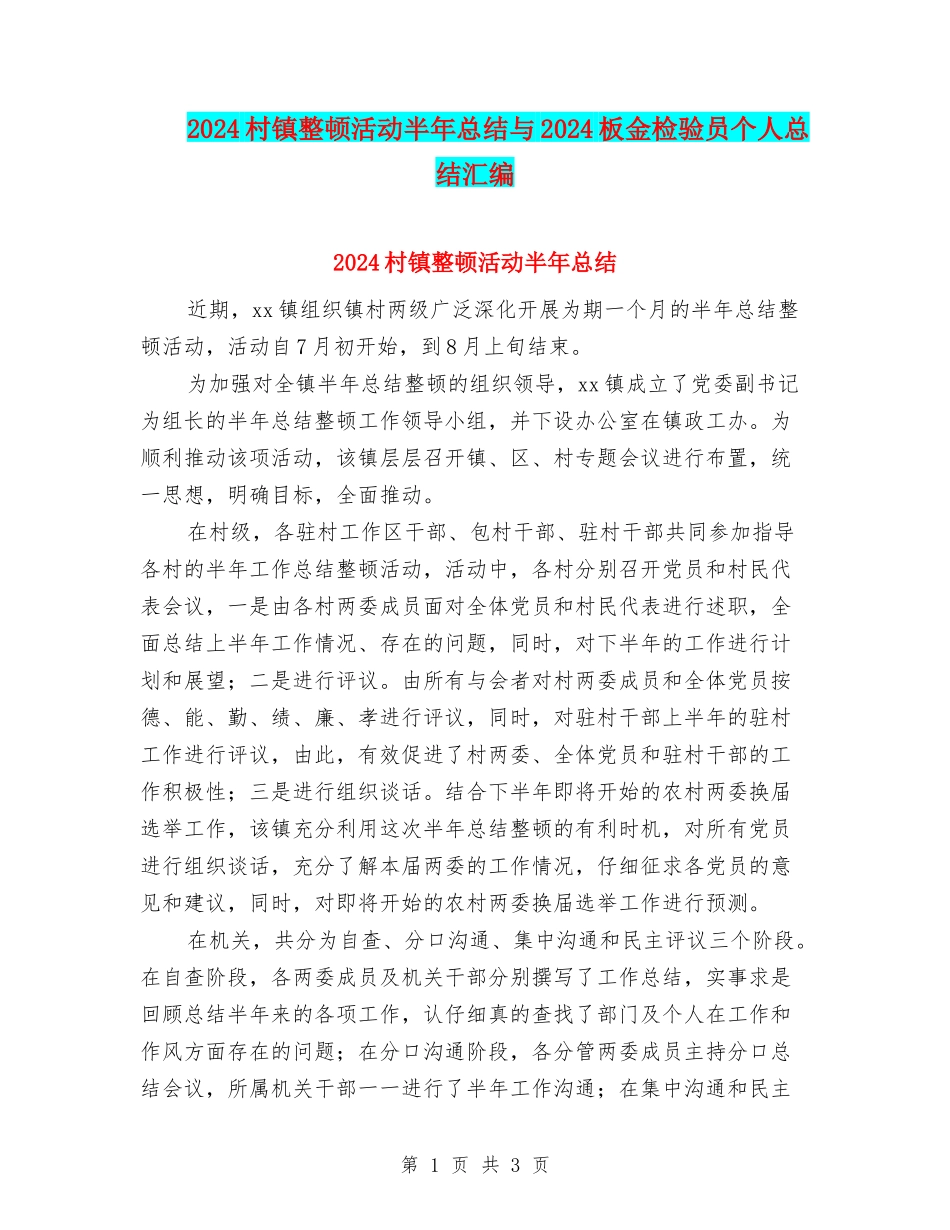 2024村镇整顿活动半年总结与2024板金检验员个人总结汇编_第1页