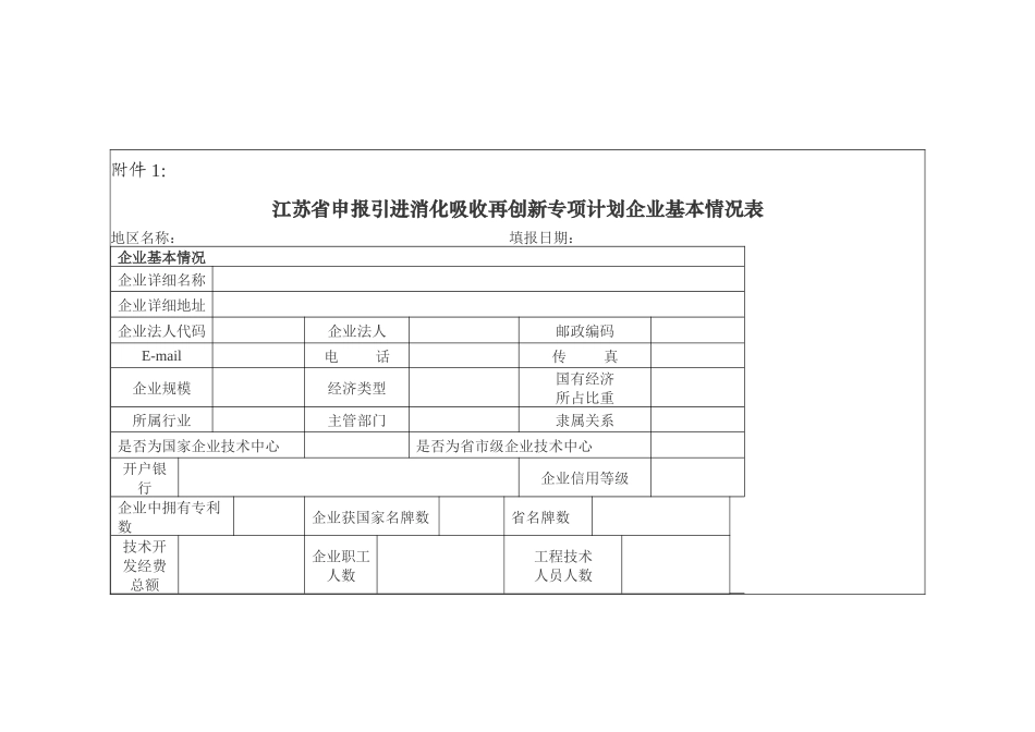 江苏省申报引进消化吸收再创新专项计划企业基本情况表_第1页