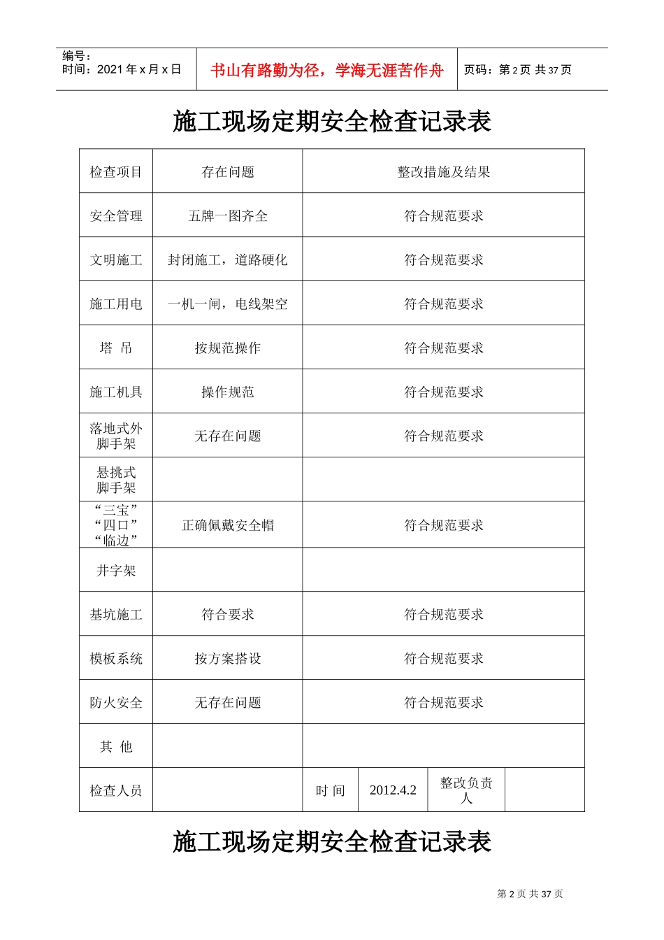 施工现场定期安全检查记录表(DOC37页)_第2页
