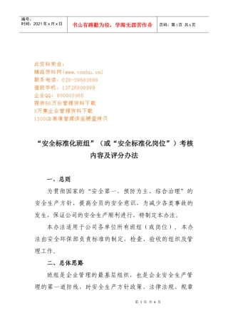 “安全标准化班组”考核内容与评分办法