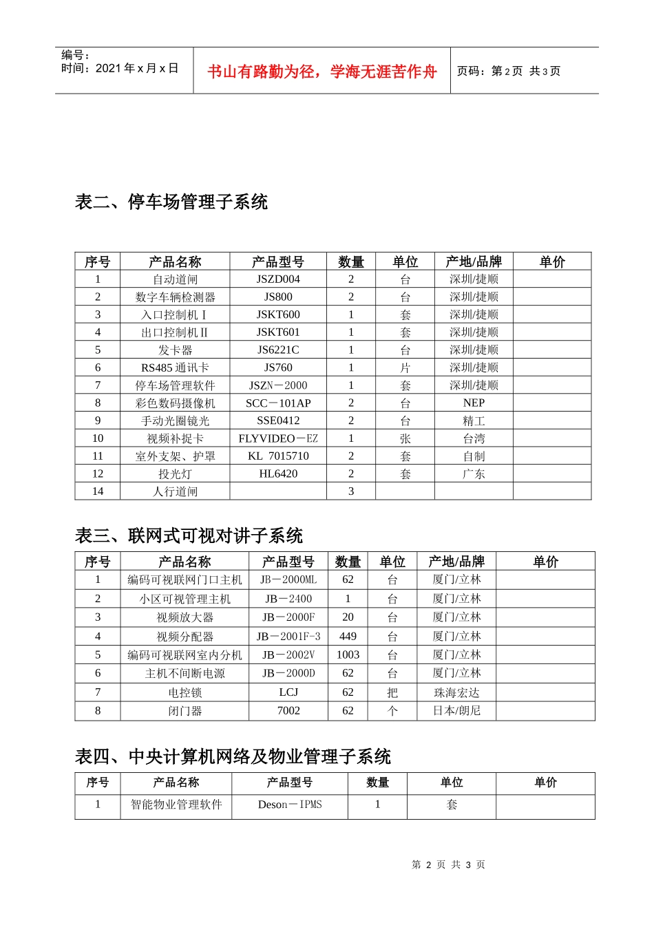 表一、闭路电视监控及周界防报警综合安全防范子系统_第2页