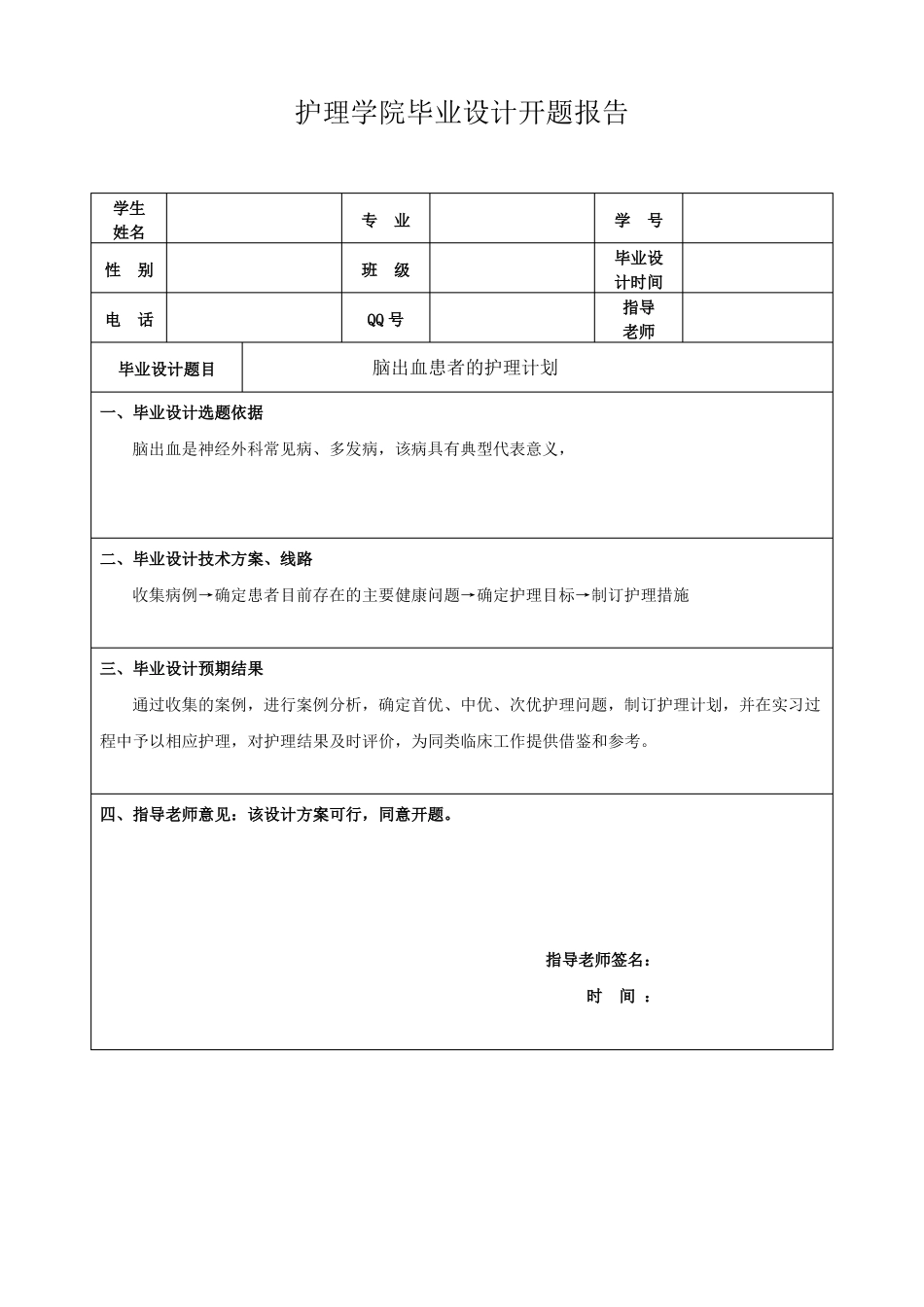 脑出血患者的护理计划-开题报告表+毕业设计表_第1页