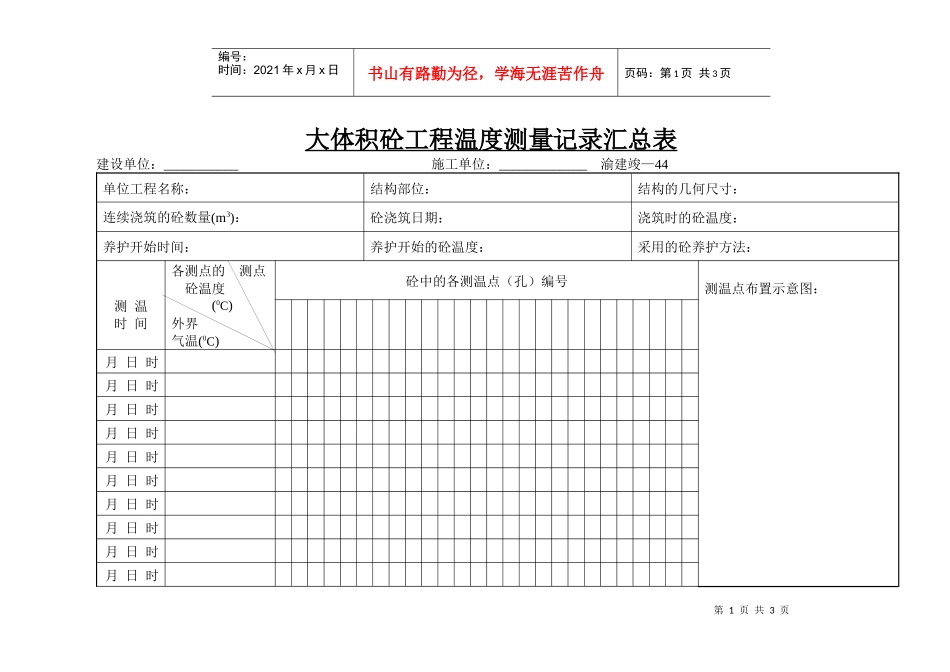 大体积砼工程温度测量记录汇总表_第1页
