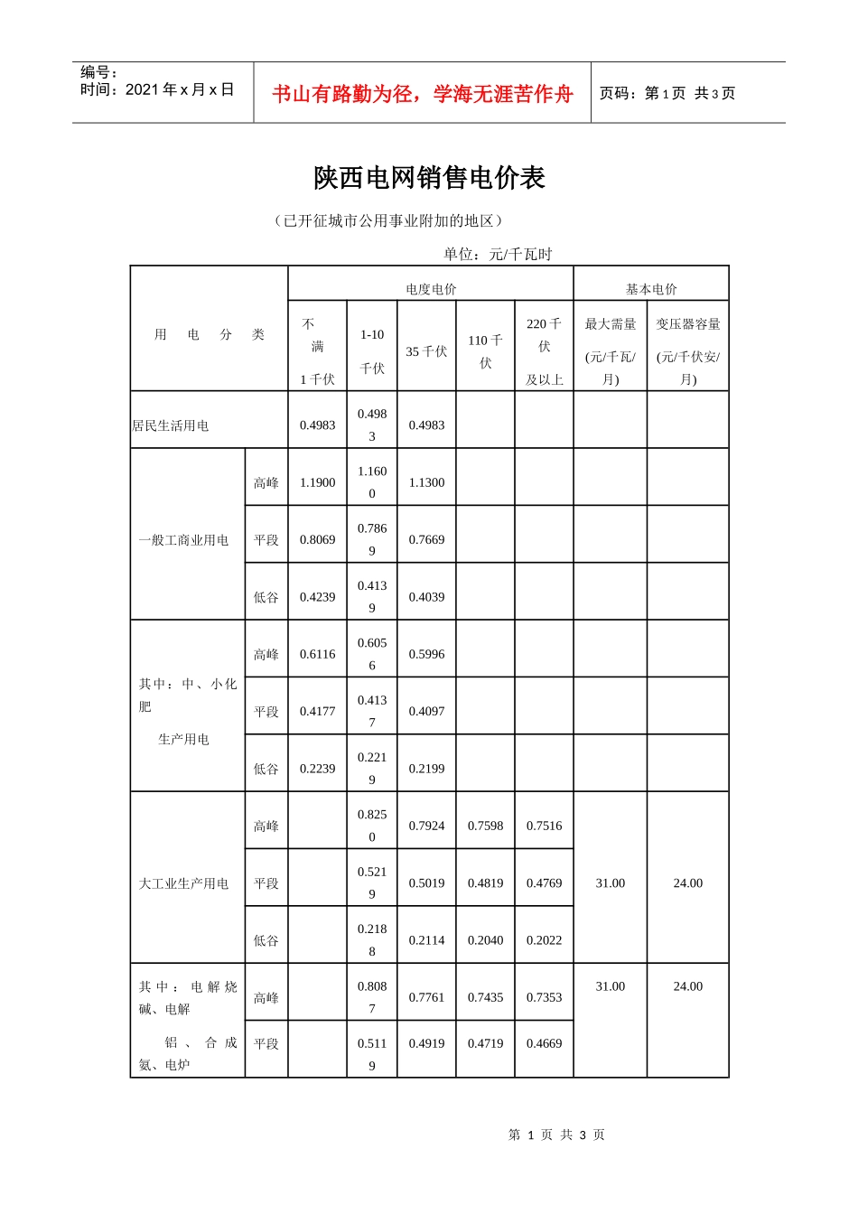 陕西电网销售电价表doc-陕西电网销售电价表_第1页