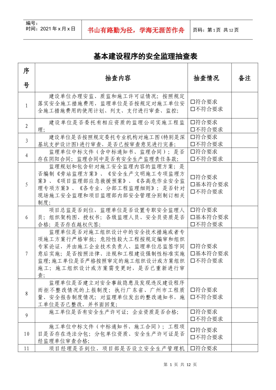 安全监理抽查表_第1页