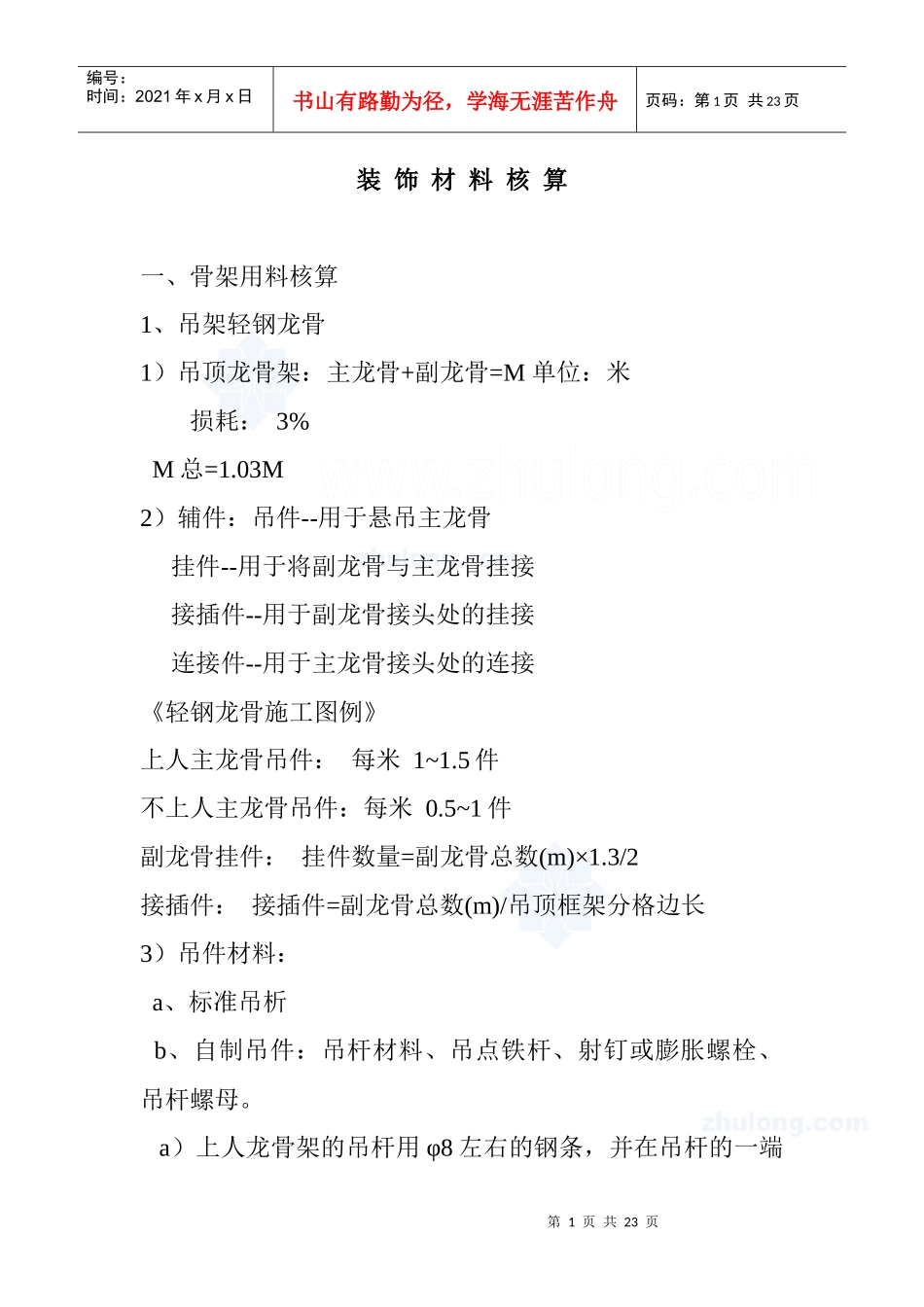 装饰工程材料用量核算表(中国建造师在线)_secret_第1页