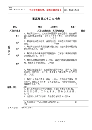 果蔬部员工实习安排表