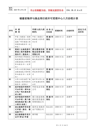 福建省海洋与渔业局行政许可受理中心八月份统计表