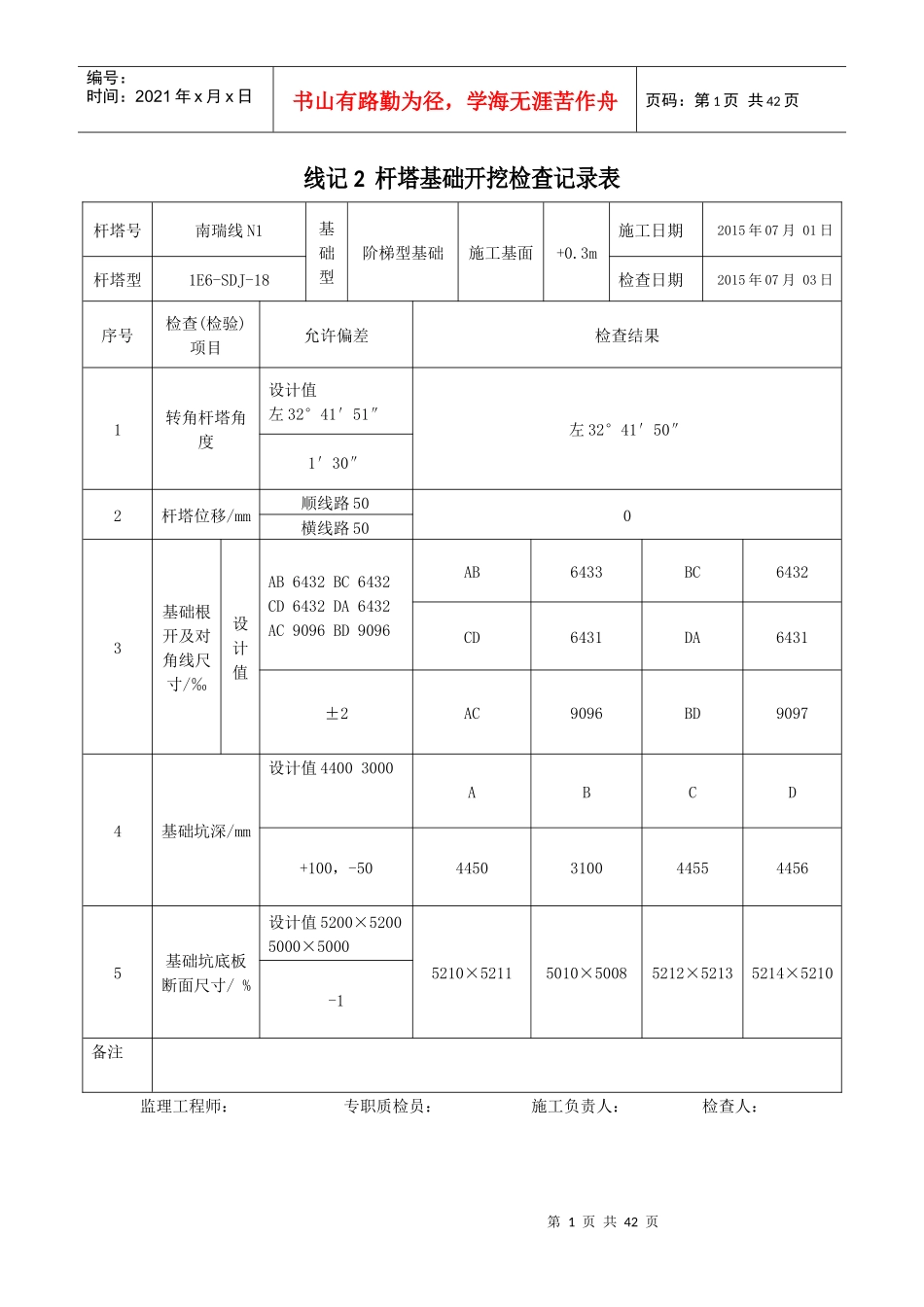 线记2110千伏线路工程杆塔基础开挖检查记录表_第1页