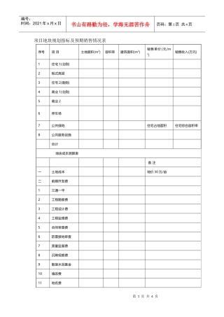 项目地块规划指标及预期销售情况表