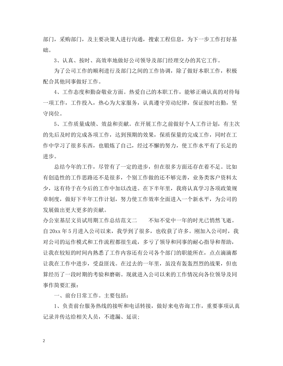 办公室基层文员试用期工作总结_第2页