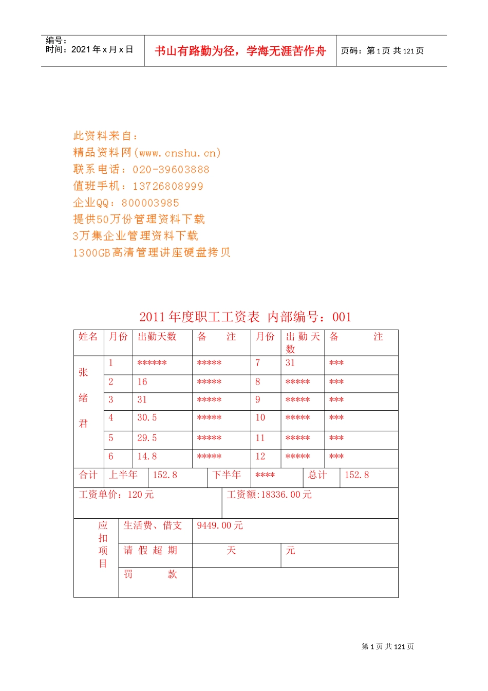 某某企业年度职工工资表_第1页