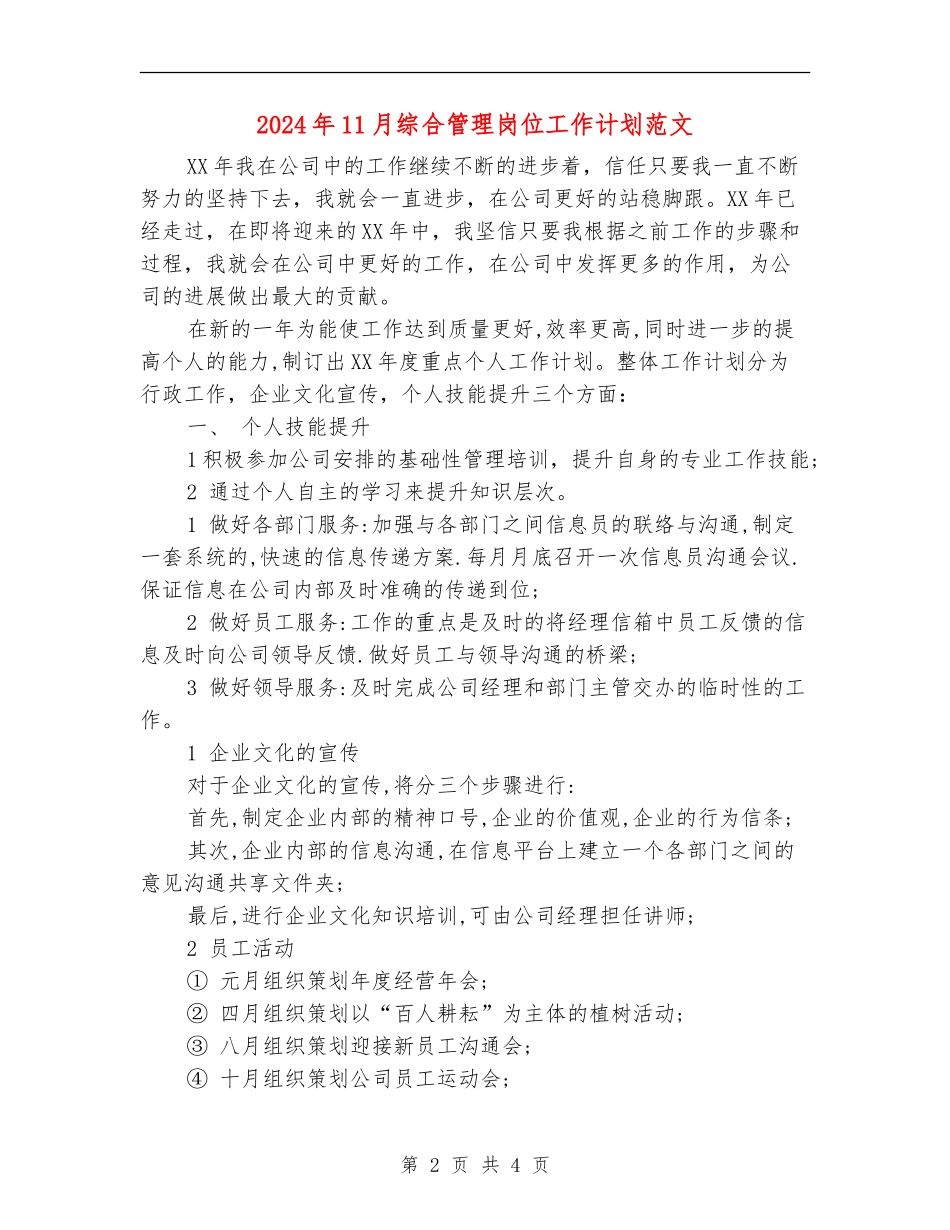 2024年11月综合管理岗位工作计划范文_第2页