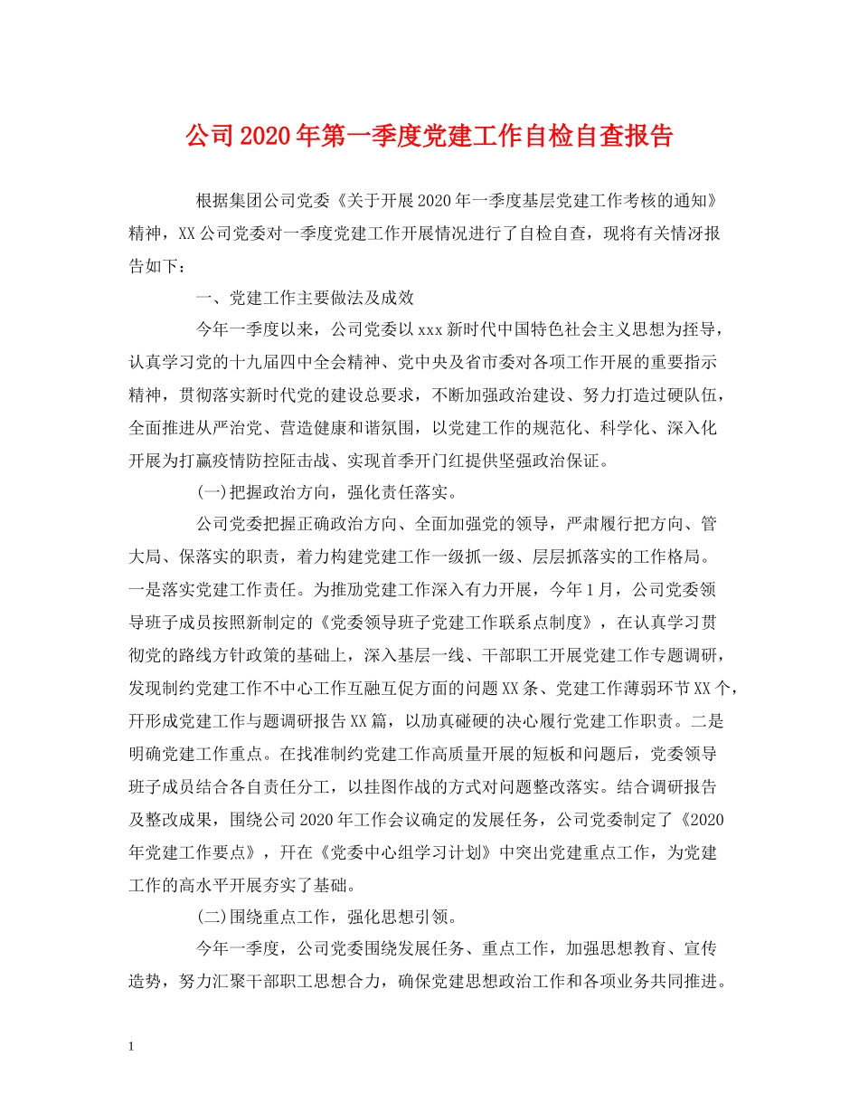 工作总结公司年第一季度党建工作自检自查报告_第1页