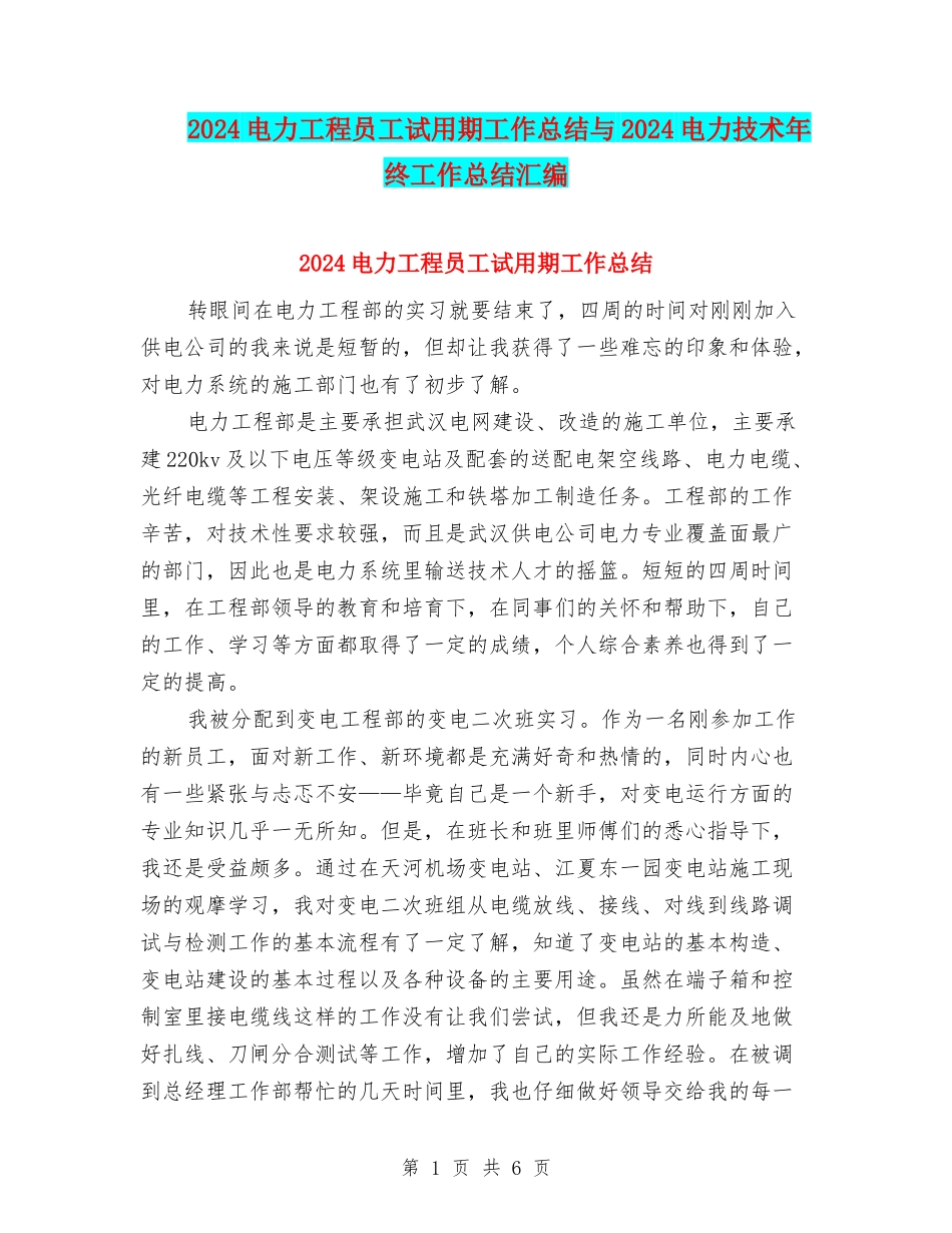 2024电力工程员工试用期工作总结与2024电力技术年终工作总结汇编_第1页