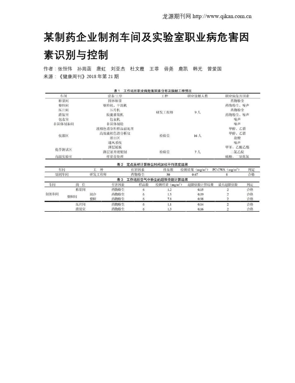 某制药企业制剂车间及试验室职业病危害因素识别与控制_第1页