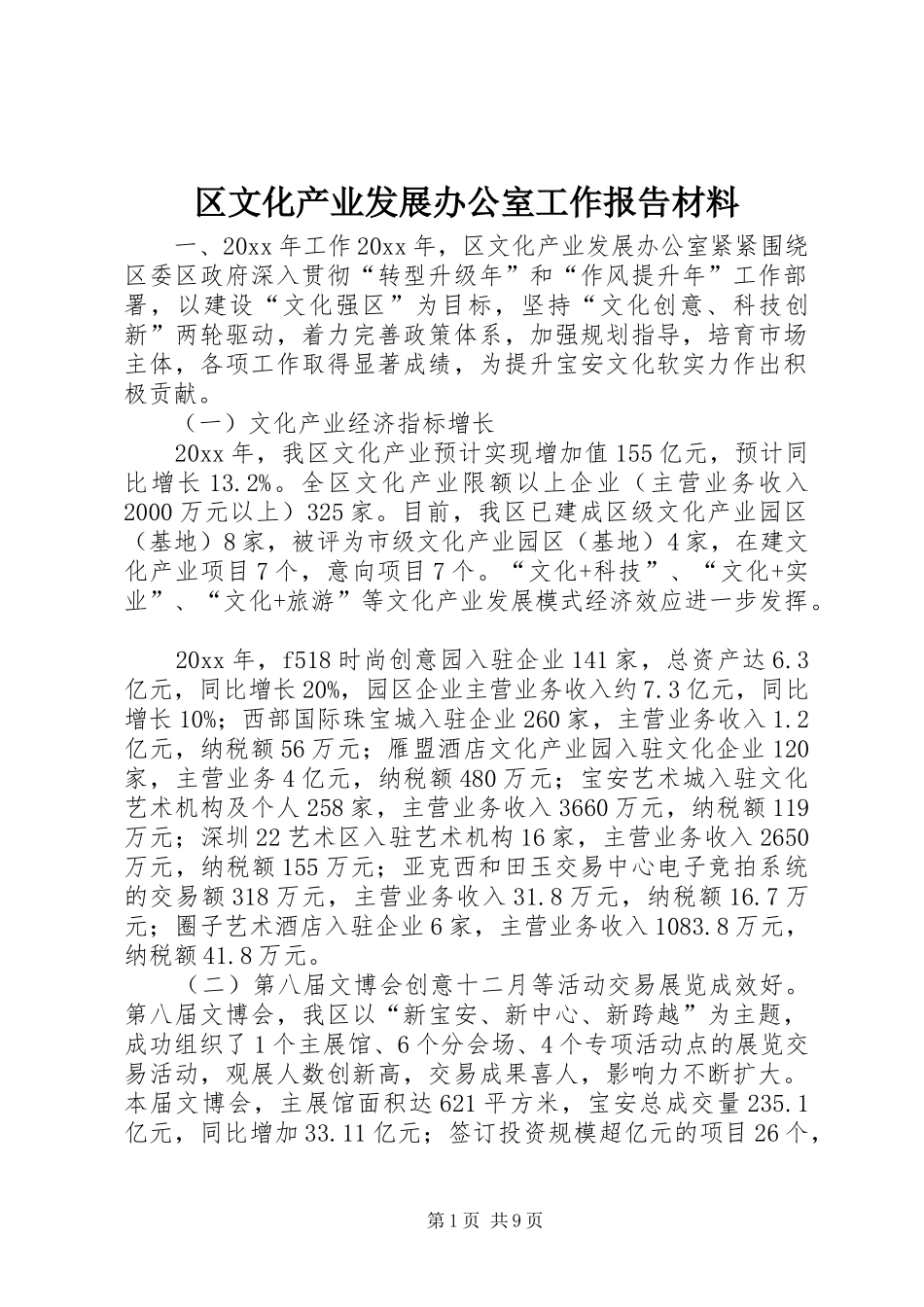 区文化产业发展办公室工作报告材料_第1页