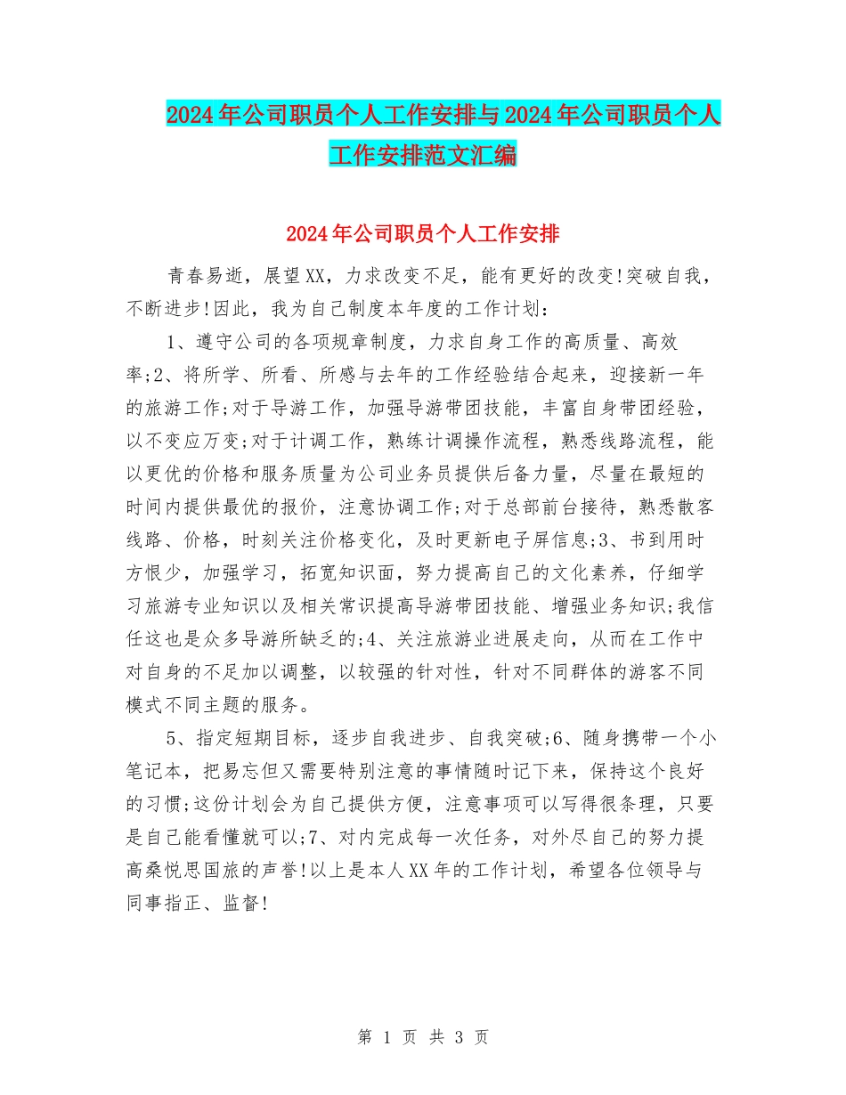 2024年公司职员个人工作安排与2024年公司职员个人工作安排范文汇编_第1页