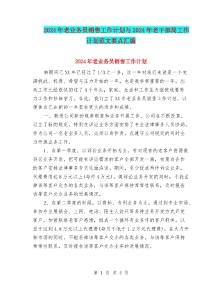 2024年老业务员销售工作计划与2024年老干部局工作计划范文要点汇编