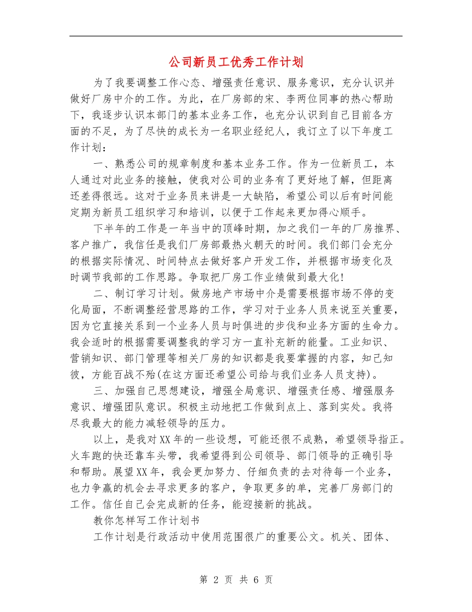 公司新员工优秀工作计划_第2页