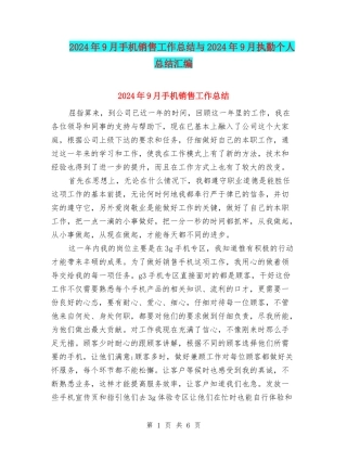 2024年9月手机销售工作总结与2024年9月执勤个人总结汇编