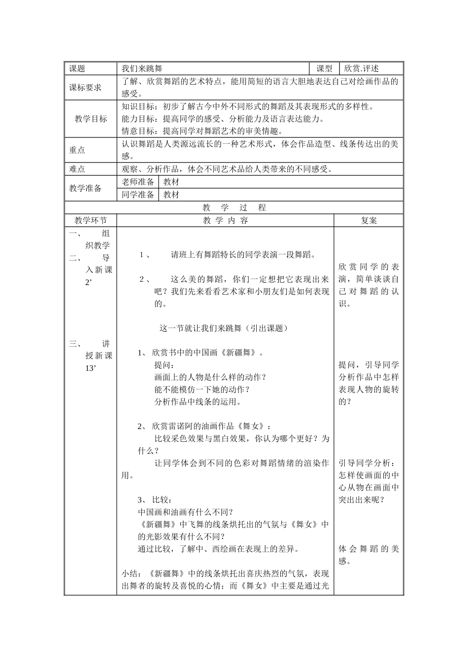 2024-2024年人美版美术二上《我们来跳舞》教学设计_第3页