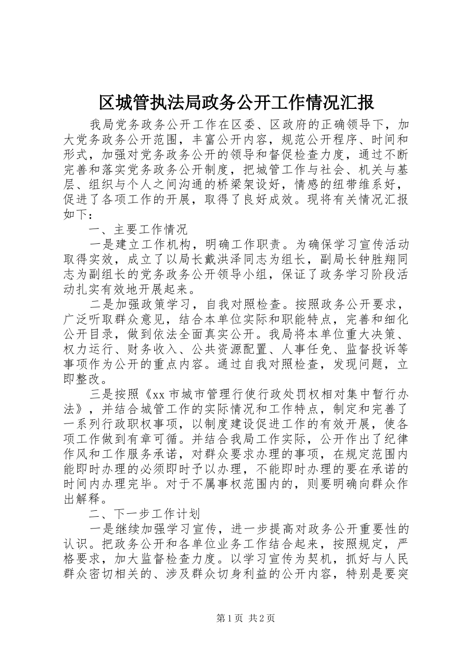区城管执法局政务公开工作情况汇报_第1页