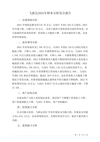 832872飞新达2022年财务分析结论报告