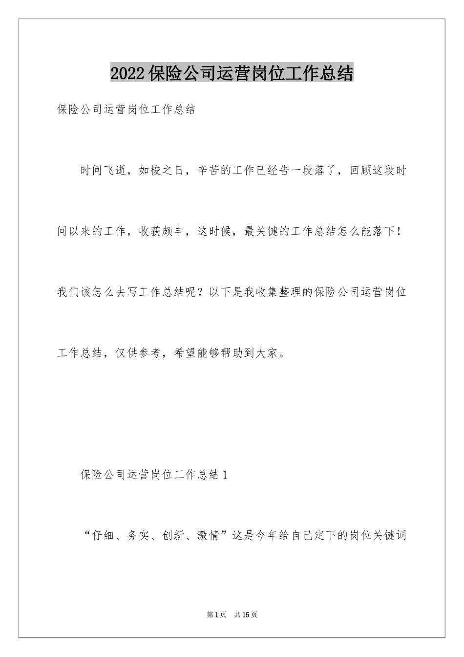 2024保险公司运营岗位工作总结_第1页