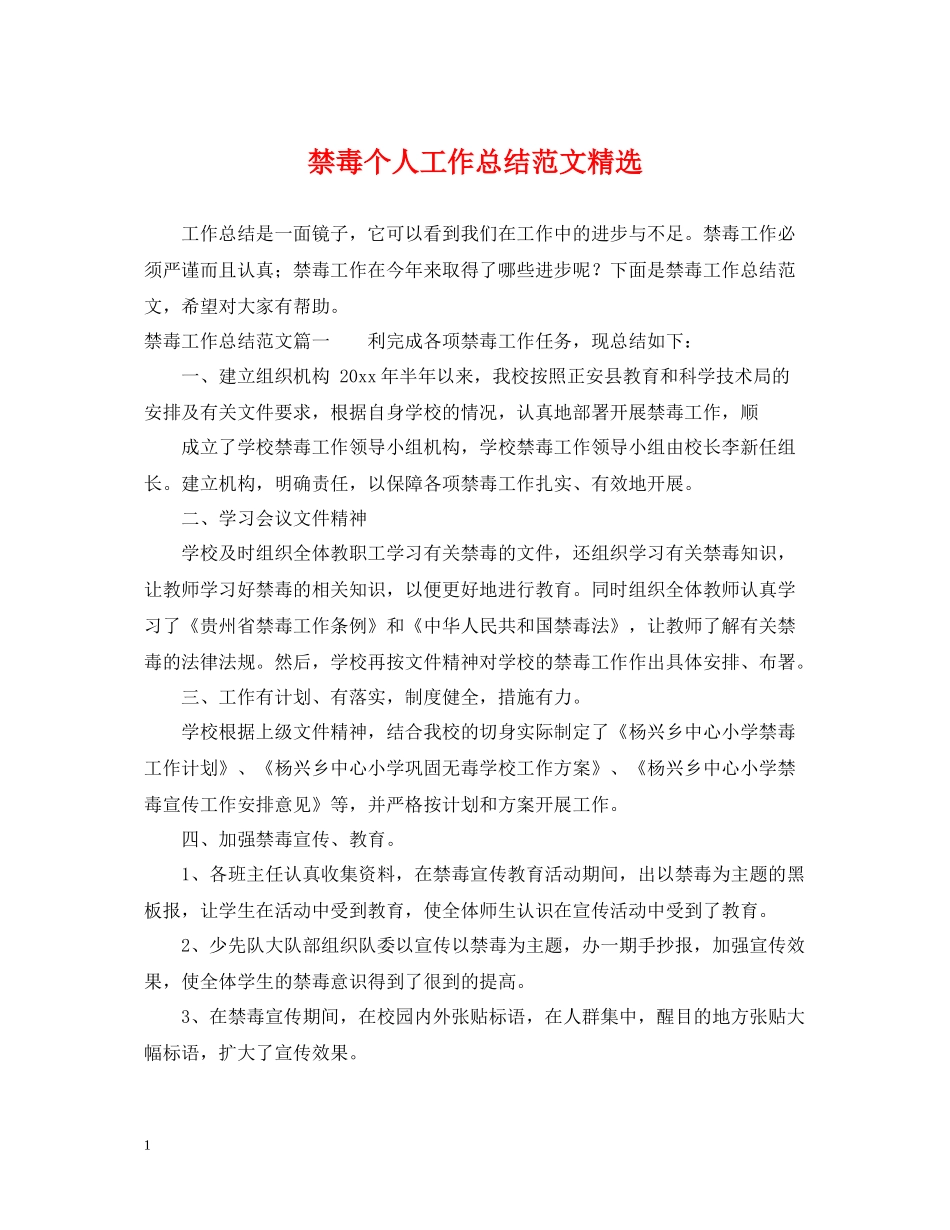 禁毒个人工作总结范文精选_第1页