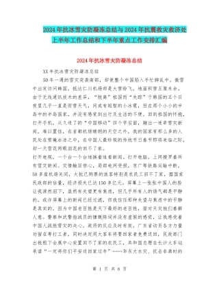 2024年抗冰雪灾防凝冻总结与2024年抗震救灾救济处上半年工作总结和下半年重点工作安排汇编