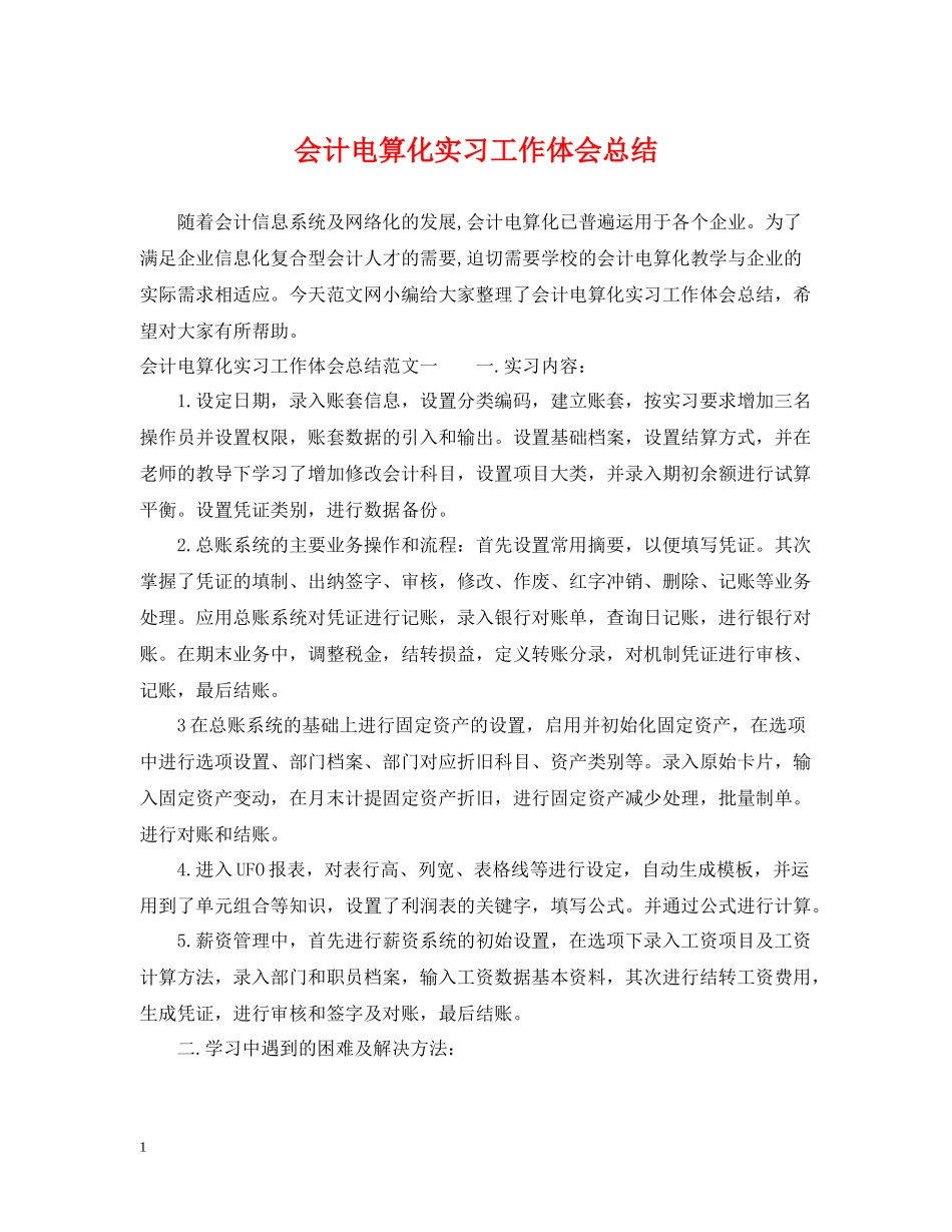 会计电算化实习工作体会总结_第1页