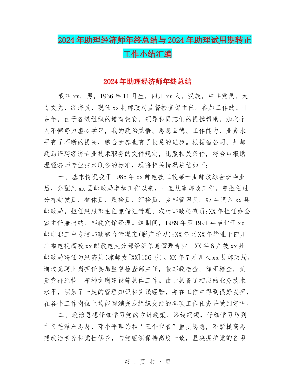 2024年助理经济师年终总结与2024年助理试用期转正工作小结汇编_第1页