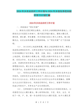 2024年乡农业农村工作计划与2024年乡创先争优向标杆学习计划汇编