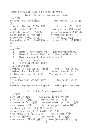 人教版新目标英语七年级1-12单元的各个知识点总结