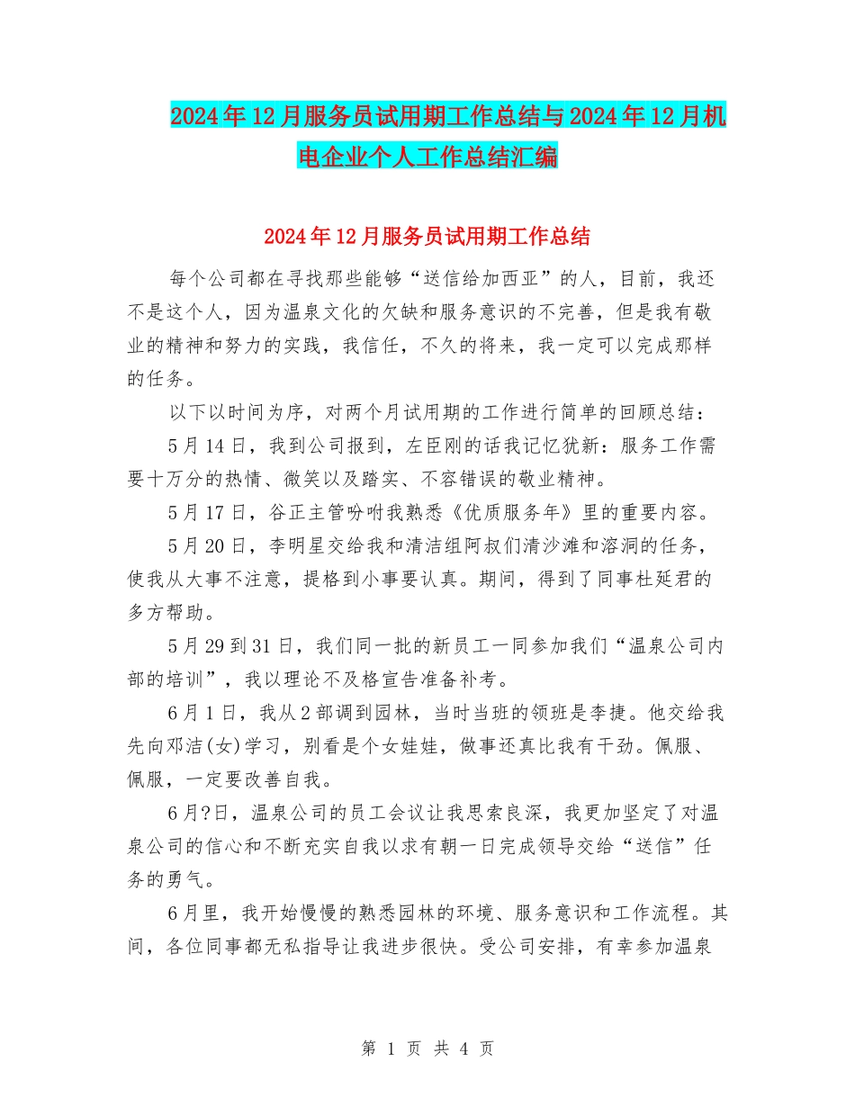 2024年12月服务员试用期工作总结与2024年12月机电企业个人工作总结汇编_第1页