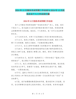 2024年12月服务员试用期工作总结与2024年12月机电企业个人工作总结汇编