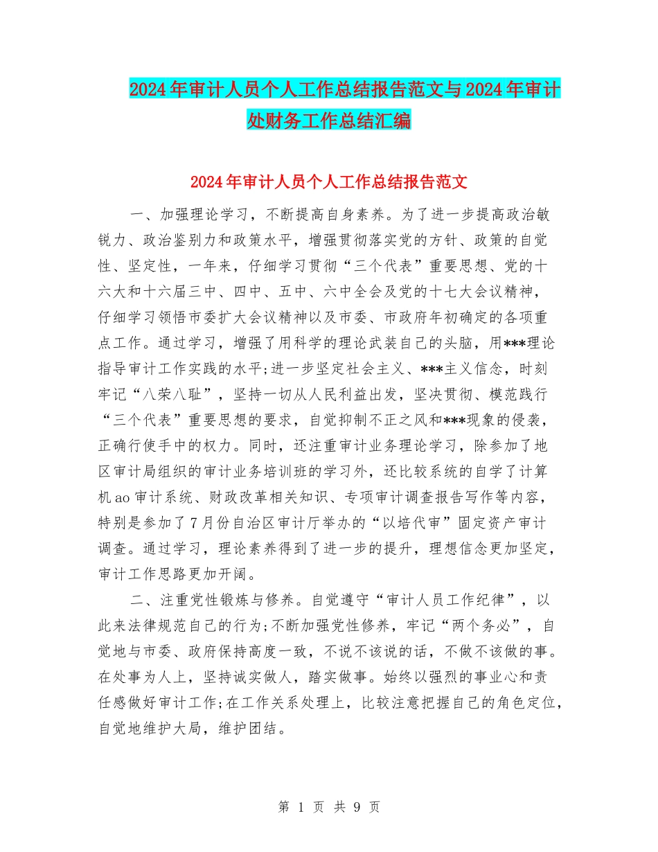 2024年审计人员个人工作总结报告范文与2024年审计处财务工作总结汇编_第1页