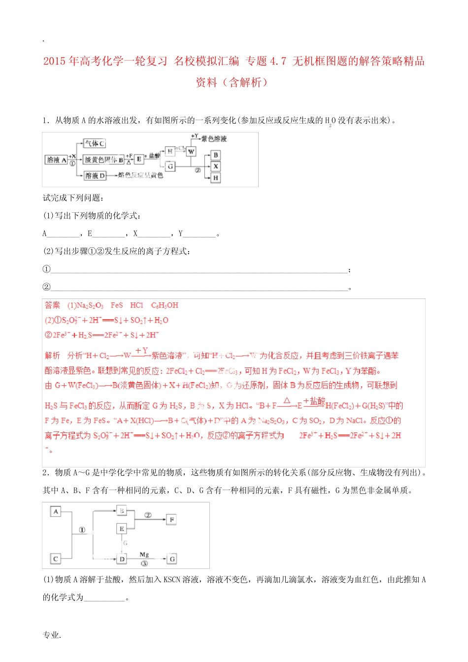2015年高考化学一轮复习 名校模拟汇编 专题4.7 无机框图题的解答策略精..._第1页