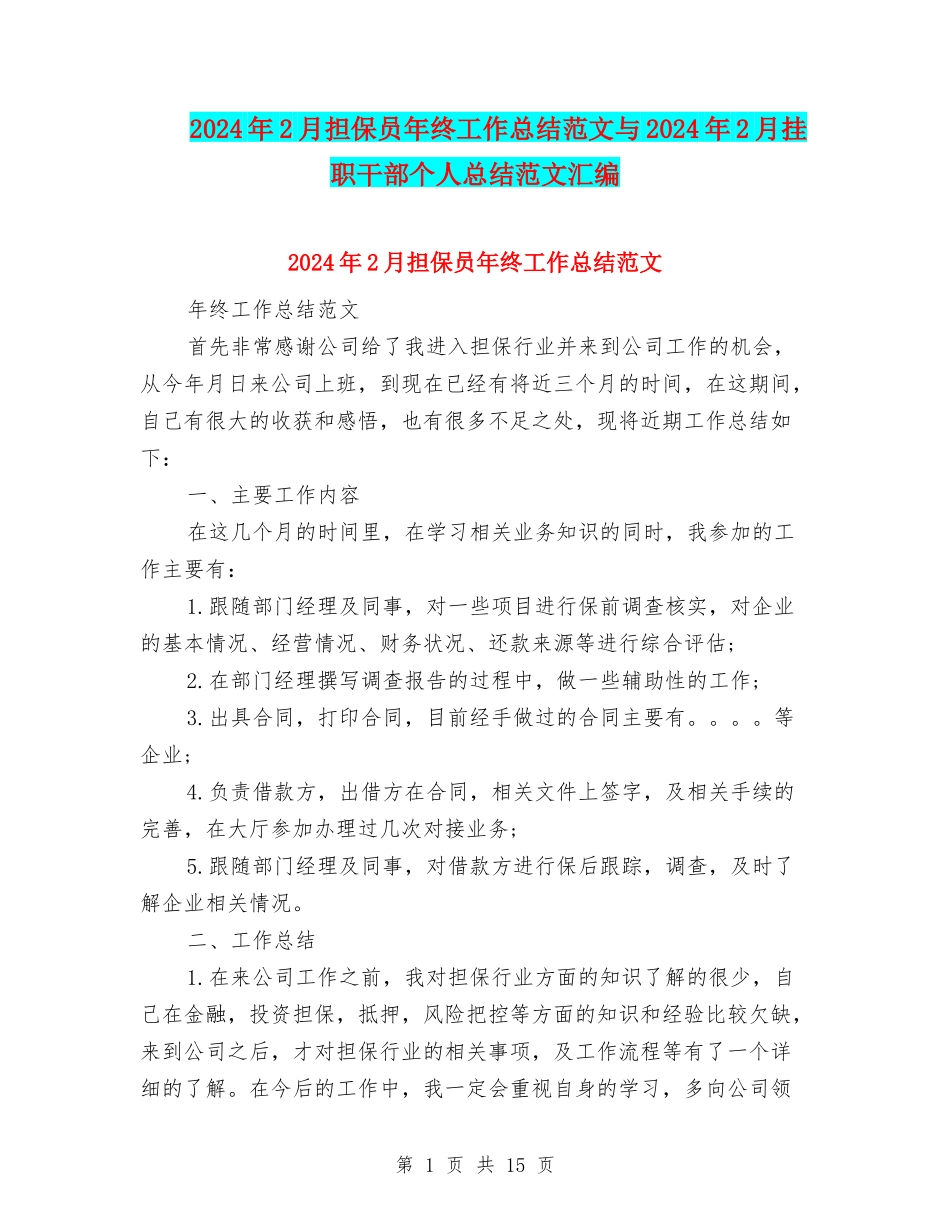 2024年2月担保员年终工作总结范文与2024年2月挂职干部个人总结范文汇编_第1页