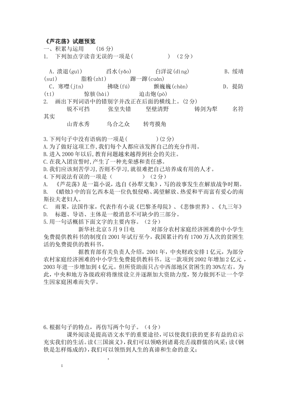 《芦花荡》试题预览_第1页