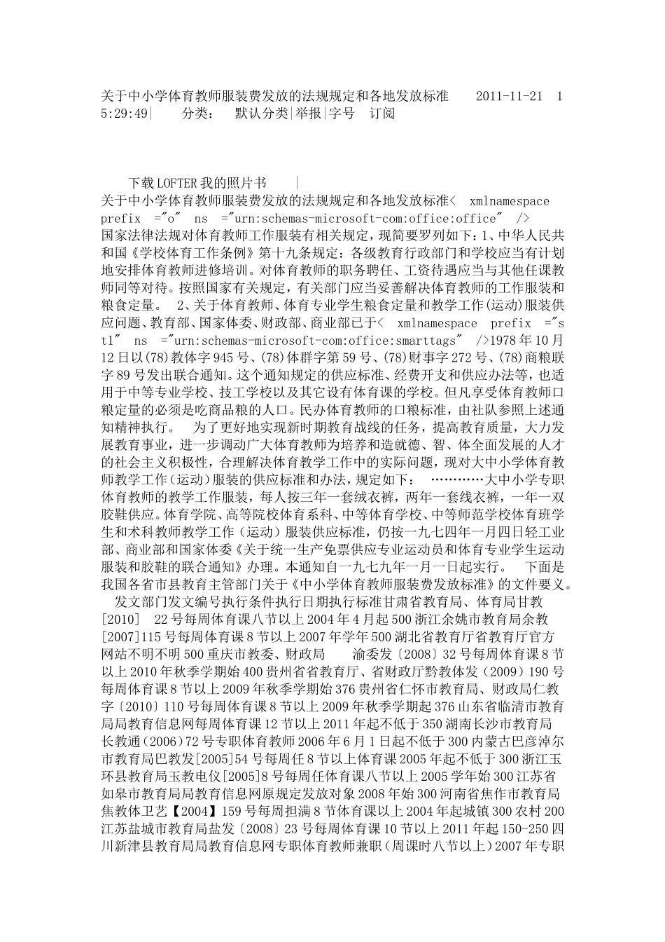 关于中小学体育教师服装费发放的法规规定和各地发放标准_第1页