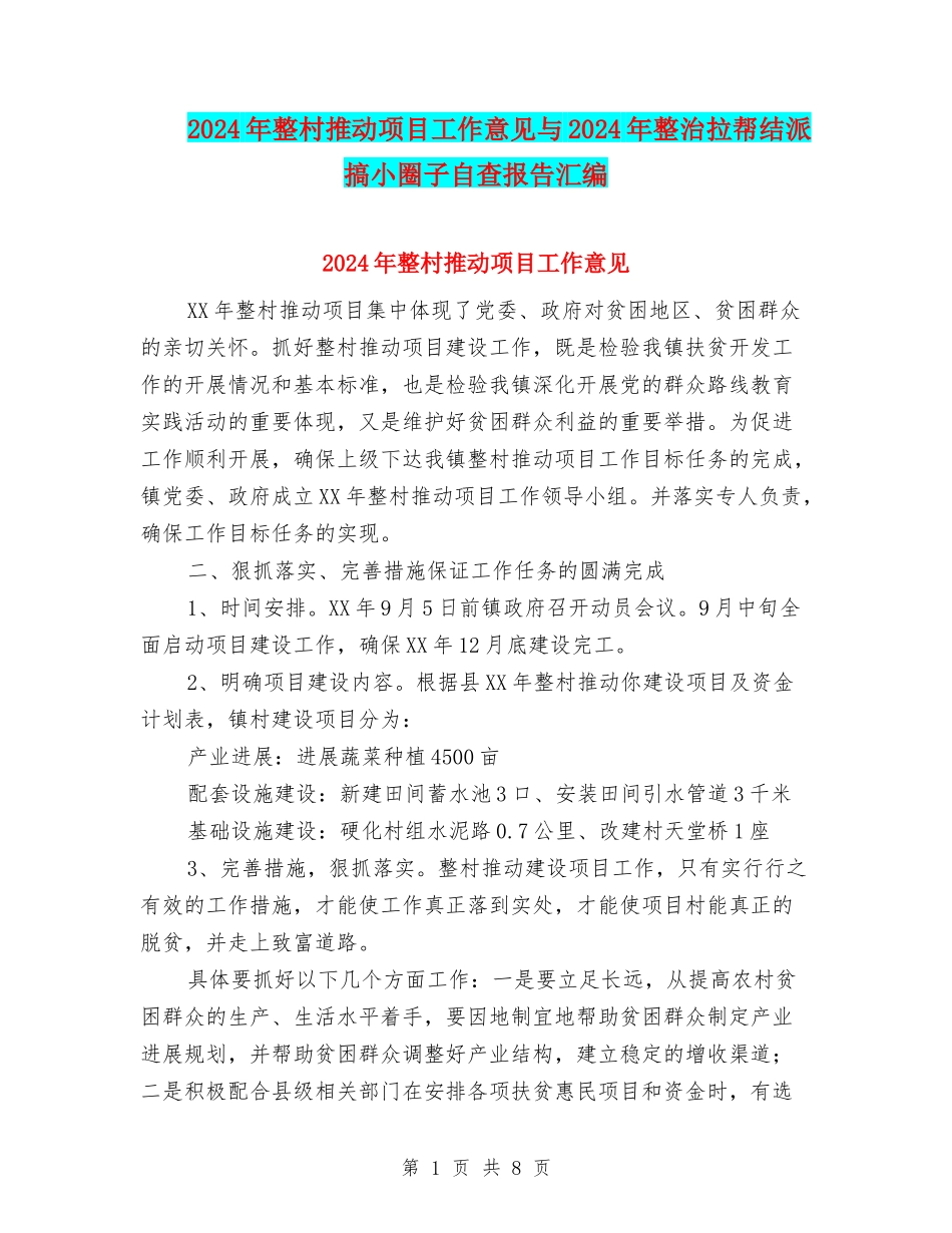 2024年整村推进项目工作意见与2024年整治拉帮结派搞小圈子自查报告汇编_第1页